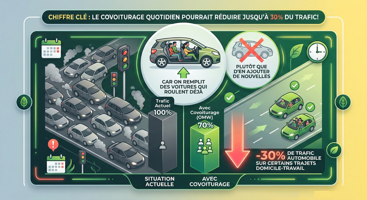 Infographie montrant jusqu’à 30 % de trafic en moins avec le covoiturage quotidien